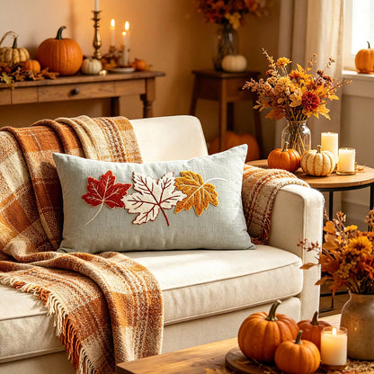 1pc Fall Maple Leaves Pumpkin Pillow Cover 12 X 20 Inch Hello Fall Embroidery Layered Throw Pillow Covers Beige Farmhouse Autumn Pillowcases For Sofa Couch Home Thanksgiving Fall Decors Autumn Decor,R