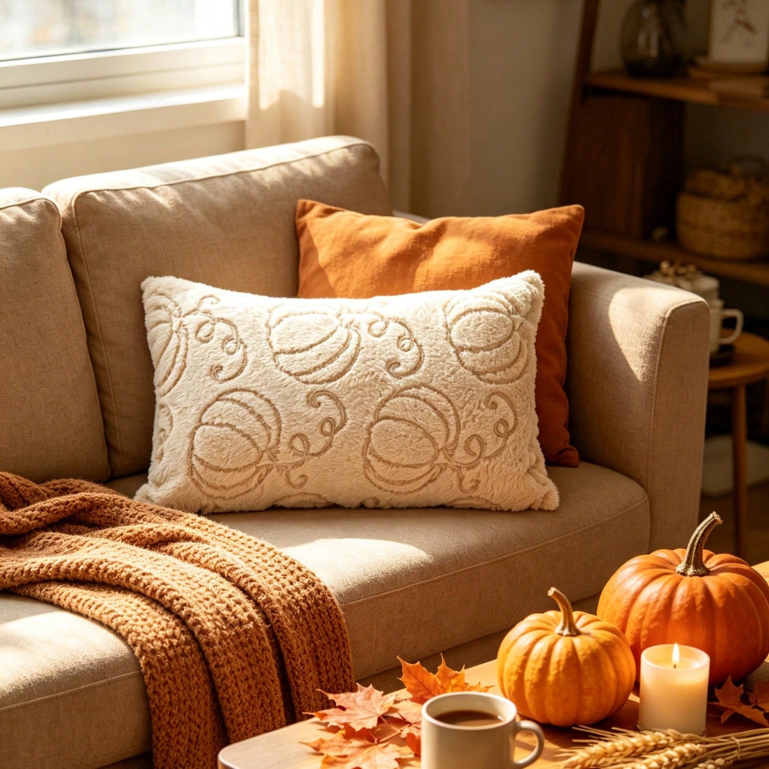 1pc Fall Pillow Covers Fall Beige Pumpkins Decorations Autumn Pumpkin Throw Pillow Cases Soft Plush Faux Fur Wool Couch Cushion Case For Chair Sofa Living Room Home Decor