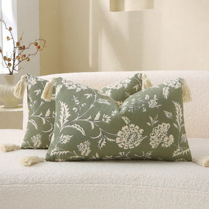 1pc Farmhouse Style Vintage Floral Tassel Throw Pillow Cover, Handprinted Soft Canvas Decorative Cushion Cover Fits Sofa, Size 18x18 Inch/20x20 Inch, Pillow Insert Not Included, Color: Green