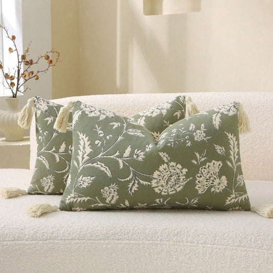 1pc Farmhouse Style Vintage Floral Tassel Throw Pillow Cover, Handprinted Soft Canvas Decorative Cushion Cover Fits Sofa, Size 18x18 Inch/20x20 Inch, Pillow Insert Not Included, Color: Green