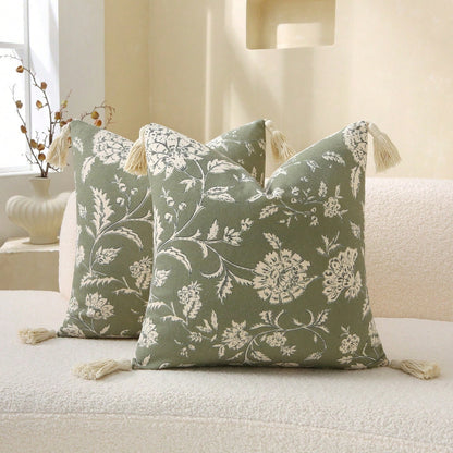 1pc Farmhouse Style Vintage Floral Tassel Throw Pillow Cover, Handprinted Soft Canvas Decorative Cushion Cover Fits Sofa, Size 18x18 Inch/20x20 Inch, Pillow Insert Not Included, Color: Green