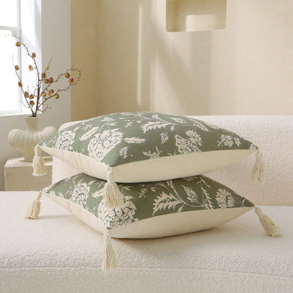1pc Farmhouse Style Vintage Floral Tassel Throw Pillow Cover, Handprinted Soft Canvas Decorative Cushion Cover Fits Sofa, Size 18x18 Inch/20x20 Inch, Pillow Insert Not Included, Color: Green