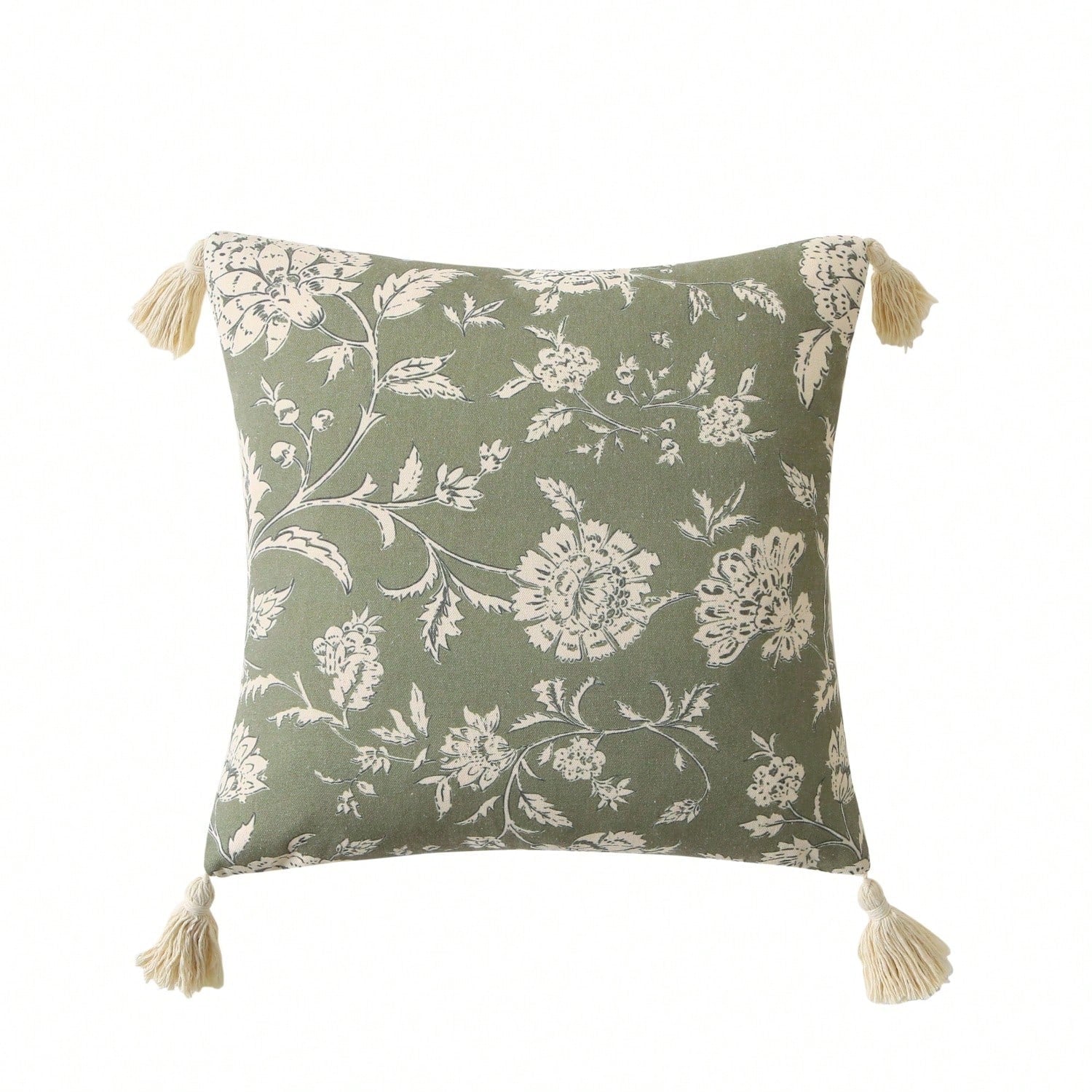 1pc Farmhouse Style Vintage Floral Tassel Throw Pillow Cover, Handprinted Soft Canvas Decorative Cushion Cover Fits Sofa, Size 18x18 Inch/20x20 Inch, Pillow Insert Not Included, Color: Green
