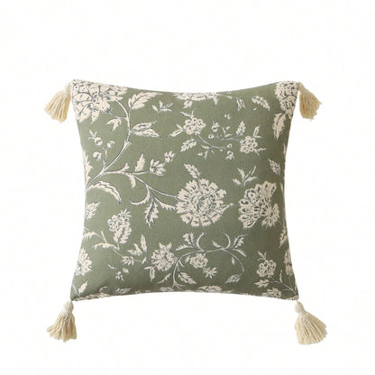 1pc Farmhouse Style Vintage Floral Tassel Throw Pillow Cover, Handprinted Soft Canvas Decorative Cushion Cover Fits Sofa, Size 18x18 Inch/20x20 Inch, Pillow Insert Not Included, Color: Green