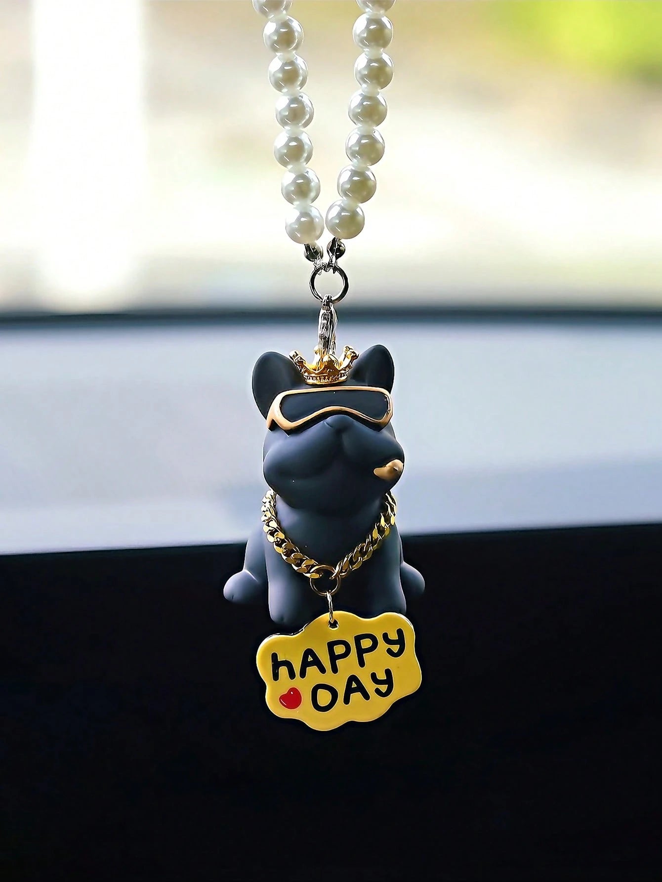 1pc Fashionable Crown French Bulldog Car Dashboard Decor, Rearview Mirror Hanging Ornament