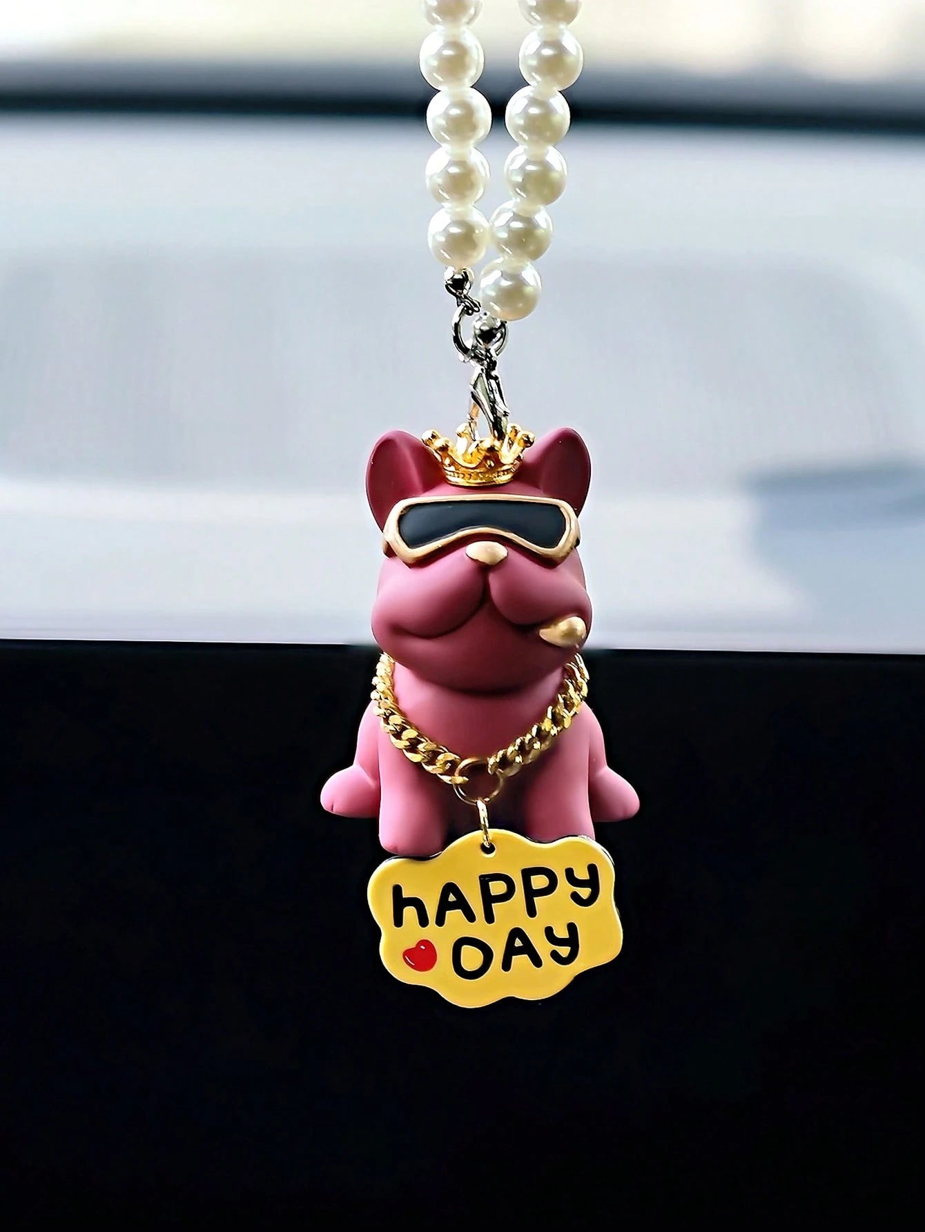 1pc Fashionable Crown French Bulldog Car Dashboard Decor, Rearview Mirror Hanging Ornament