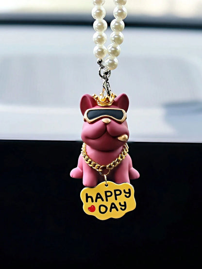 1pc Fashionable Crown French Bulldog Car Dashboard Decor, Rearview Mirror Hanging Ornament