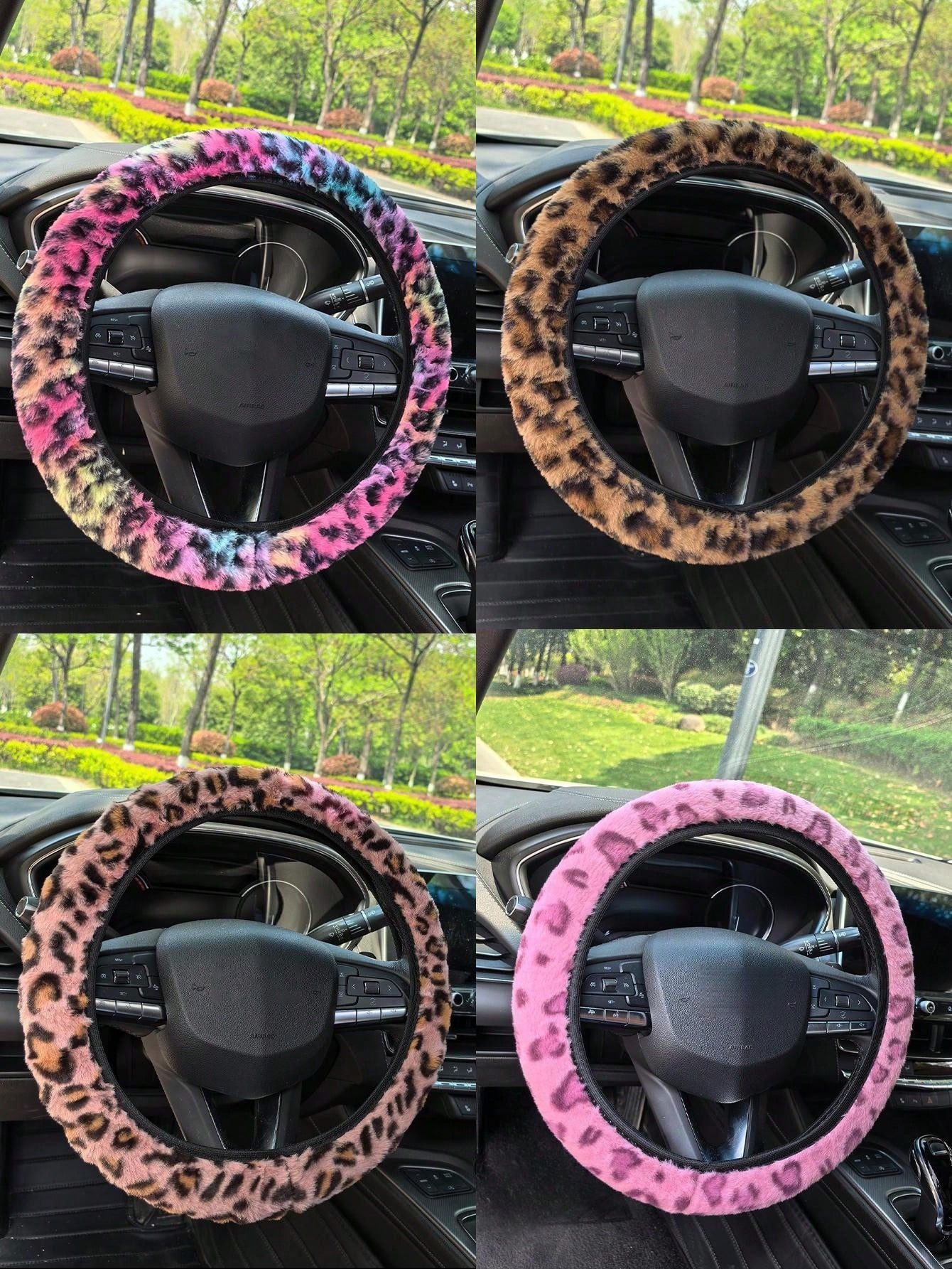 1pc Fuzzy Leopard Print Steering Wheel Cover, No Inner Ring, Warm Anti-Slip, Suitable For All Seasons, Leopard Pattern Car Accessory