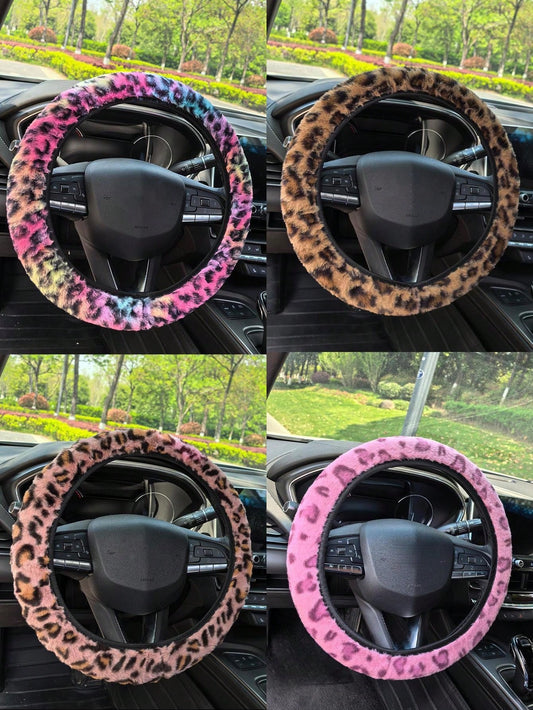 1pc Fuzzy Leopard Print Steering Wheel Cover, No Inner Ring, Warm Anti-Slip, Suitable For All Seasons, Leopard Pattern Car Accessory