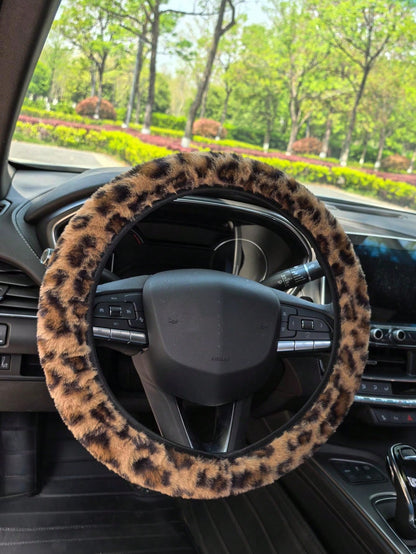 1pc Fuzzy Leopard Print Steering Wheel Cover, No Inner Ring, Warm Anti-Slip, Suitable For All Seasons, Leopard Pattern Car Accessory