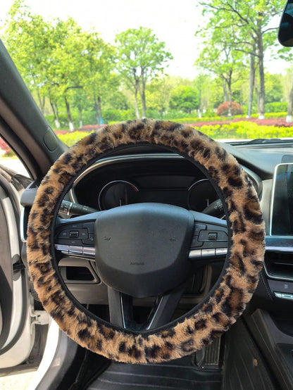 1pc Fuzzy Leopard Print Steering Wheel Cover, No Inner Ring, Warm Anti-Slip, Suitable For All Seasons, Leopard Pattern Car Accessory