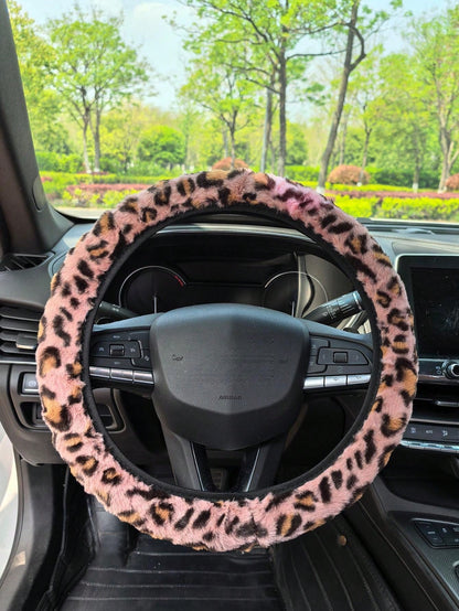 1pc Fuzzy Leopard Print Steering Wheel Cover, No Inner Ring, Warm Anti-Slip, Suitable For All Seasons, Leopard Pattern Car Accessory