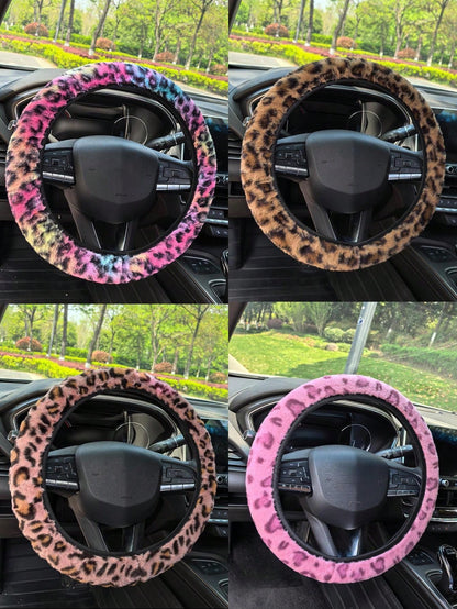 1pc Fuzzy Leopard Print Steering Wheel Cover, No Inner Ring, Warm Anti-Slip, Suitable For All Seasons, Leopard Pattern Car Accessory