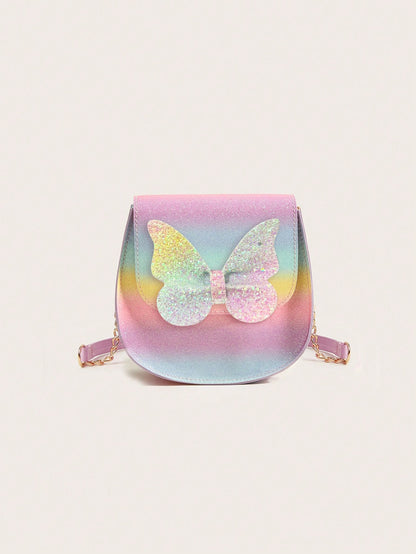 1pc Girls Cute Glitter Butterfly Flap PU Small Crossbody Bag Suitable For Daily Use