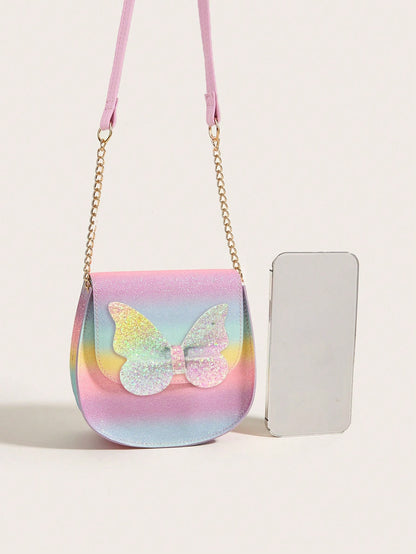 1pc Girls Cute Glitter Butterfly Flap PU Small Crossbody Bag Suitable For Daily Use