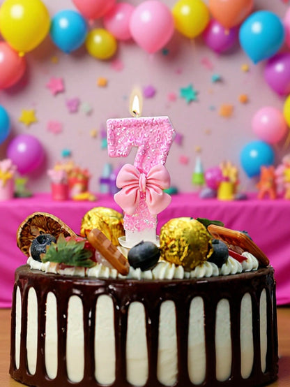 1pc Glitter Pink Bowknot Birthday Candle Birthday Number Candle 0-9 With Pink Bow Decoration Cake Topper Set For Birthday Celebration Graduation