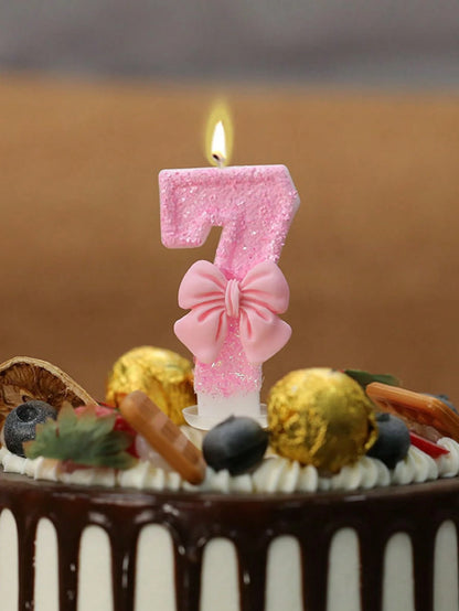 1pc Glitter Pink Bowknot Birthday Candle Birthday Number Candle 0-9 With Pink Bow Decoration Cake Topper Set For Birthday Celebration Graduation