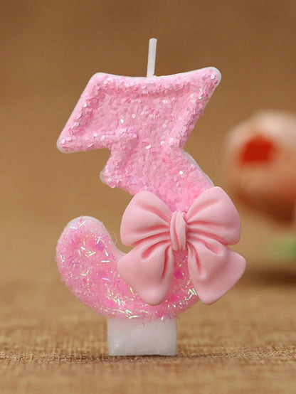 1pc Glitter Pink Bowknot Birthday Candle Birthday Number Candle 0-9 With Pink Bow Decoration Cake Topper Set For Birthday Celebration Graduation