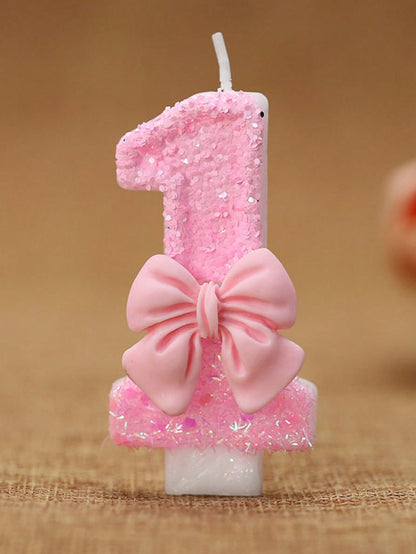1pc Glitter Pink Bowknot Birthday Candle Birthday Number Candle 0-9 With Pink Bow Decoration Cake Topper Set For Birthday Celebration Graduation