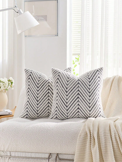 1pc Gray & White Bohemian Geometric Plush Decorative Pillow Cover (Pillow Insert Not Included), Reverse Side In Fleece Fabric, Square Cushion Cover, Holiday Home Pillow Decor, Soft & Comfortable Plush