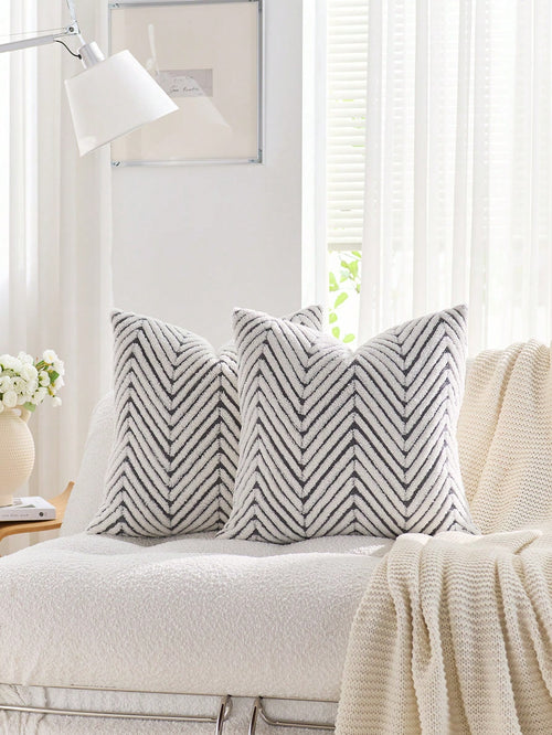 1pc Gray & White Bohemian Geometric Plush Decorative Pillow Cover (Pillow Insert Not Included), Reverse Side In Fleece Fabric, Square Cushion Cover, Holiday Home Pillow Decor, Soft & Comfortable Plush