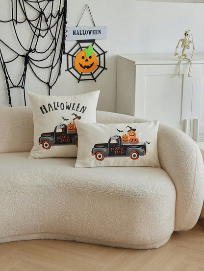 1pc Halloween Pumpkin Carriage Embroidered Pillow Case, Halloween Trick Or Treat Pillow Cover, Suitable For Indoor Decoration, Halloween Decor, All-Season Pillow Case, Without Insert