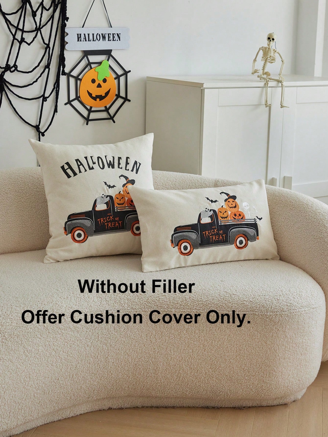 1pc Halloween Pumpkin Carriage Embroidered Pillow Case, Halloween Trick Or Treat Pillow Cover, Suitable For Indoor Decoration, Halloween Decor, All-Season Pillow Case, Without Insert
