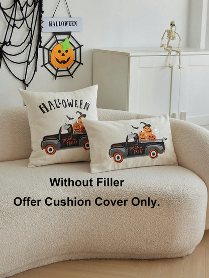 1pc Halloween Pumpkin Carriage Embroidered Pillow Case, Halloween Trick Or Treat Pillow Cover, Suitable For Indoor Decoration, Halloween Decor, All-Season Pillow Case, Without Insert