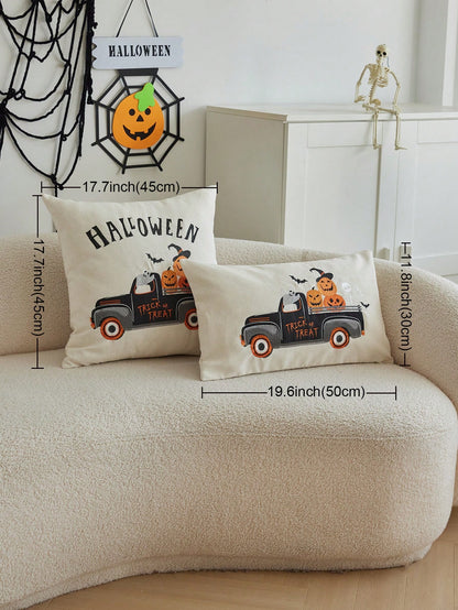 1pc Halloween Pumpkin Carriage Embroidered Pillow Case, Halloween Trick Or Treat Pillow Cover, Suitable For Indoor Decoration, Halloween Decor, All-Season Pillow Case, Without Insert
