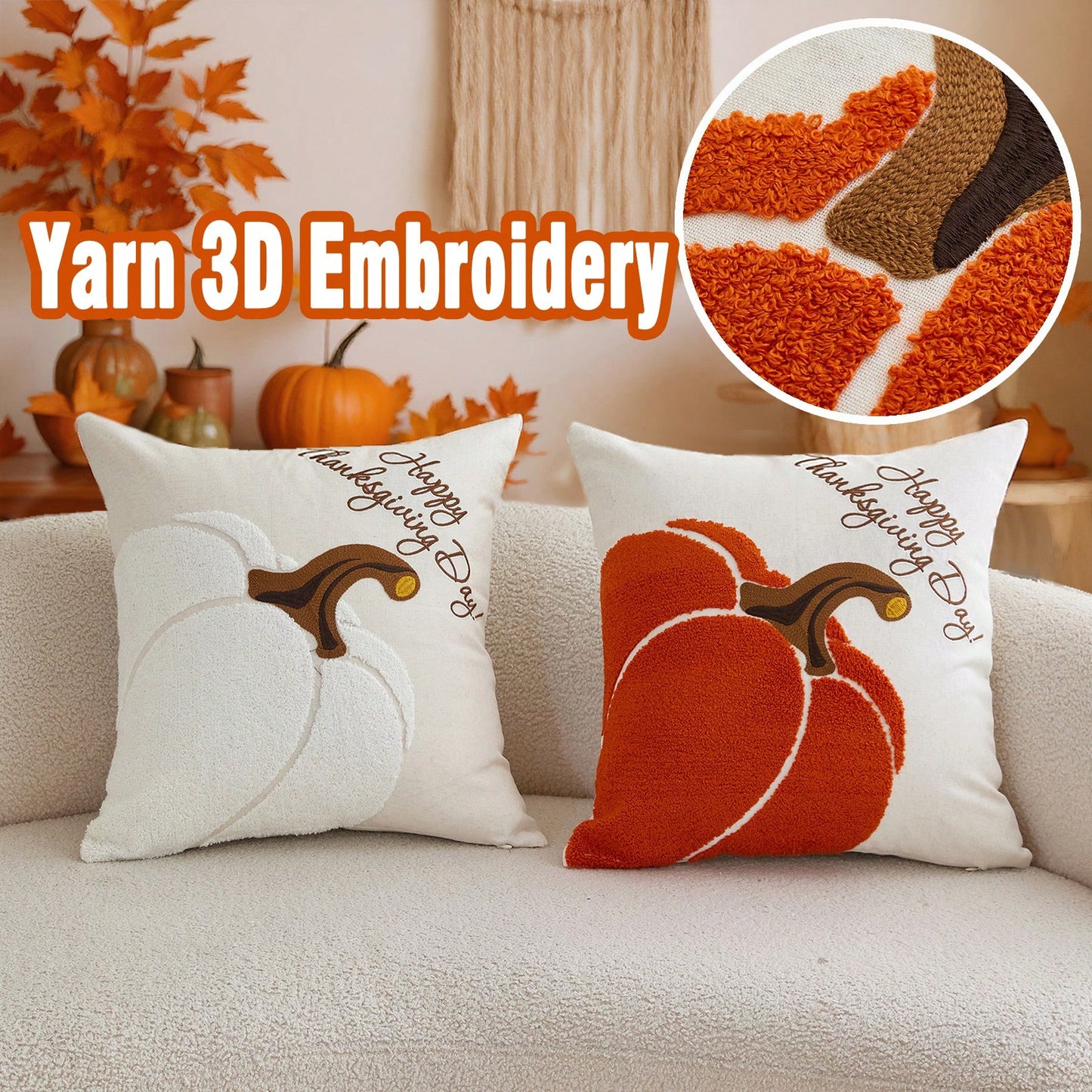 1pc Halloween Thanksgiving Embroidered Pumpkin Pillowcase, Natural Linen Fabric Suitable For Modern Country Style Indoor Decoration Sofa Cushion Cover Seat Cushion Cover, Daily All-Season Decorative C