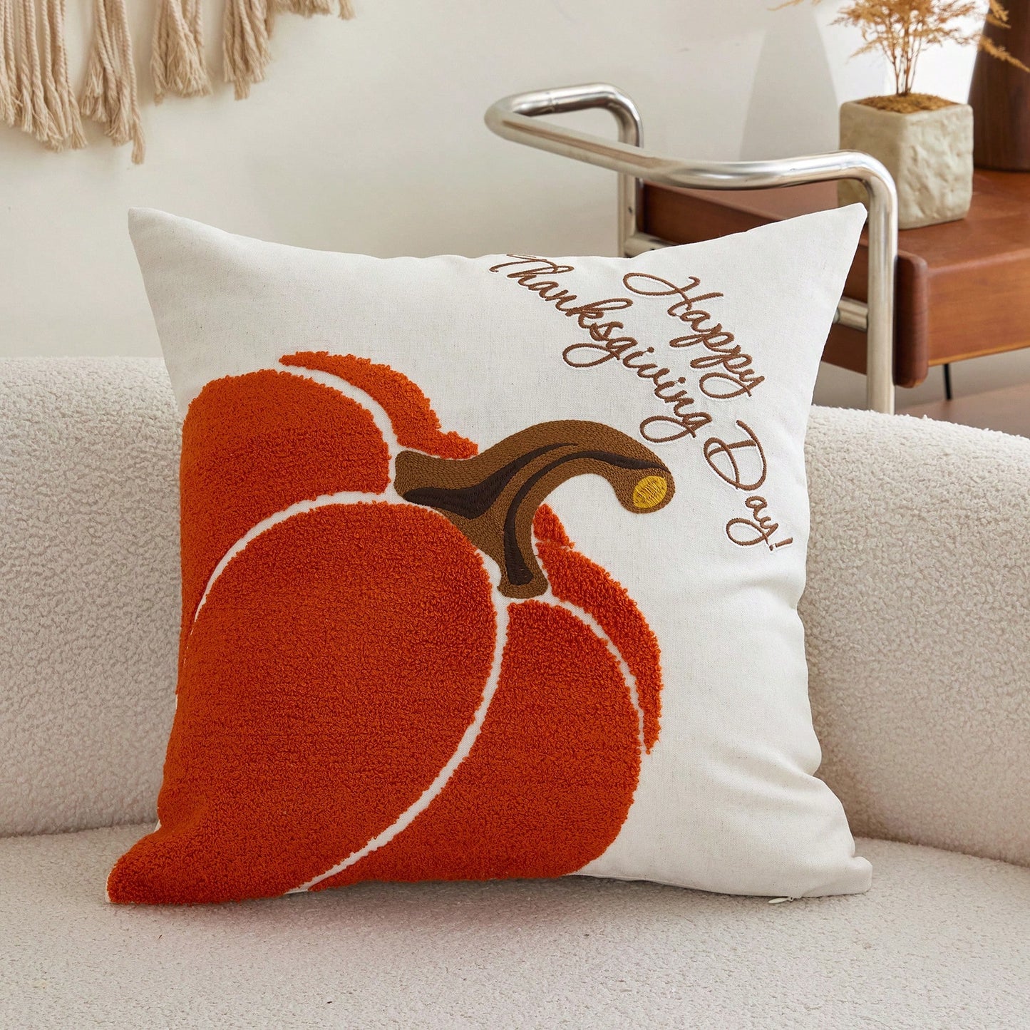 1pc Halloween Thanksgiving Embroidered Pumpkin Pillowcase, Natural Linen Fabric Suitable For Modern Country Style Indoor Decoration Sofa Cushion Cover Seat Cushion Cover, Daily All-Season Decorative C
