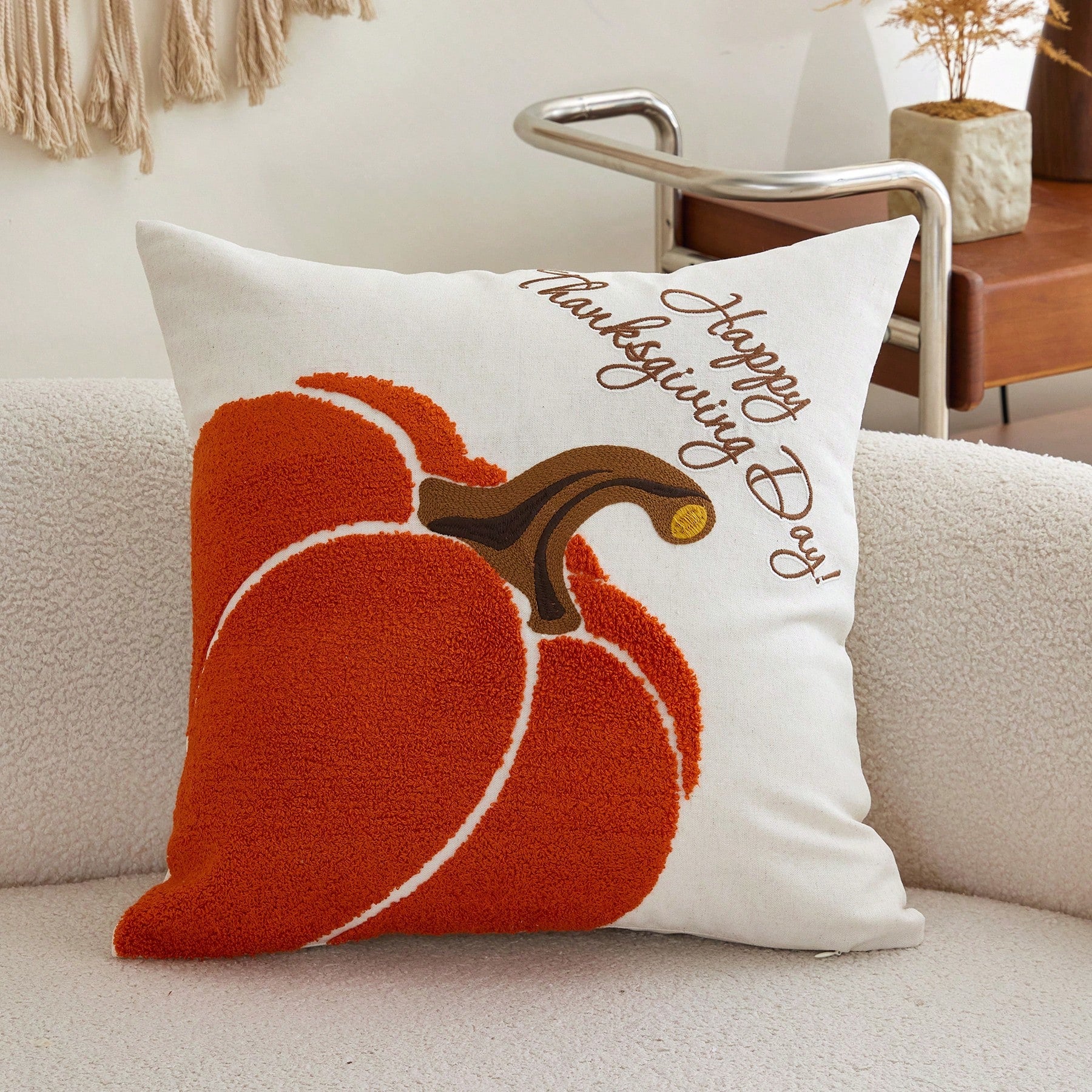 1pc Halloween Thanksgiving Embroidered Pumpkin Pillowcase, Natural Linen Fabric Suitable For Modern Country Style Indoor Decoration Sofa Cushion Cover Seat Cushion Cover, Daily All-Season Decorative C