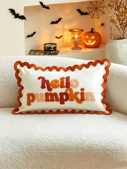 1pc Halloween Thanksgiving Ruffle Edge Letter 3D Plush Towel Hello Pumpkin Embroidered Pillowcase, Suitable For Bedroom, Living Room, Sofa, Daily Use, Party And Various Occasions