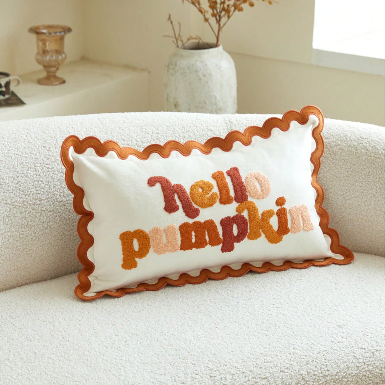 1pc Halloween Thanksgiving Ruffle Edge Letter 3D Plush Towel Hello Pumpkin Embroidered Pillowcase, Suitable For Bedroom, Living Room, Sofa, Daily Use, Party And Various Occasions