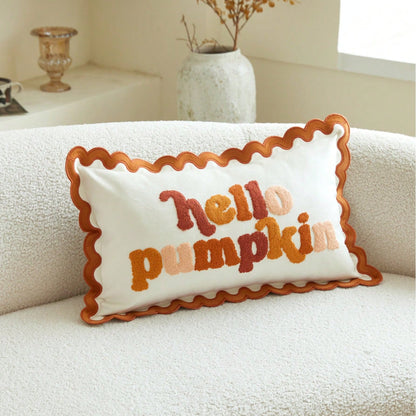 1pc Halloween Thanksgiving Ruffle Edge Letter 3D Plush Towel Hello Pumpkin Embroidered Pillowcase, Suitable For Bedroom, Living Room, Sofa, Daily Use, Party And Various Occasions