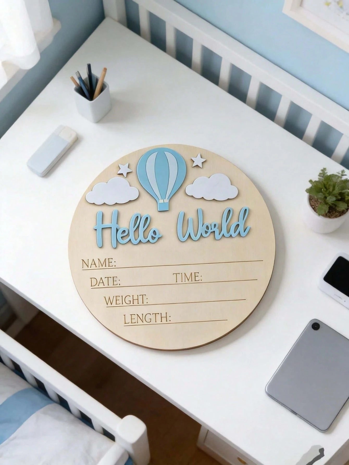 1pc "Hello World" Birth Announcement Board, Baby Photo Prop Wooden Plaque, Baby Milestone Marker, Christening Gift (Boy/Girl)
