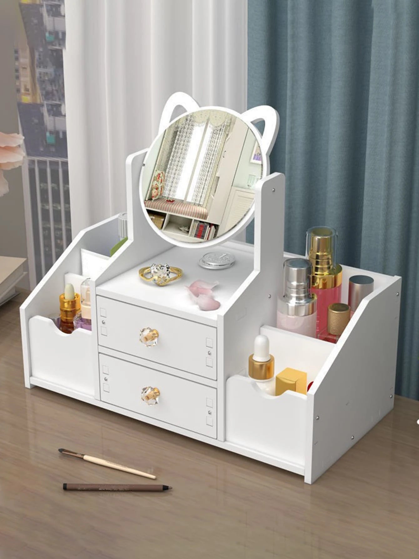 1pc High-End Luxurious White Wooden Makeup Organizer With Large Capacity, Multiple Functions, Drawers, Dustproof Cover, And Mirror