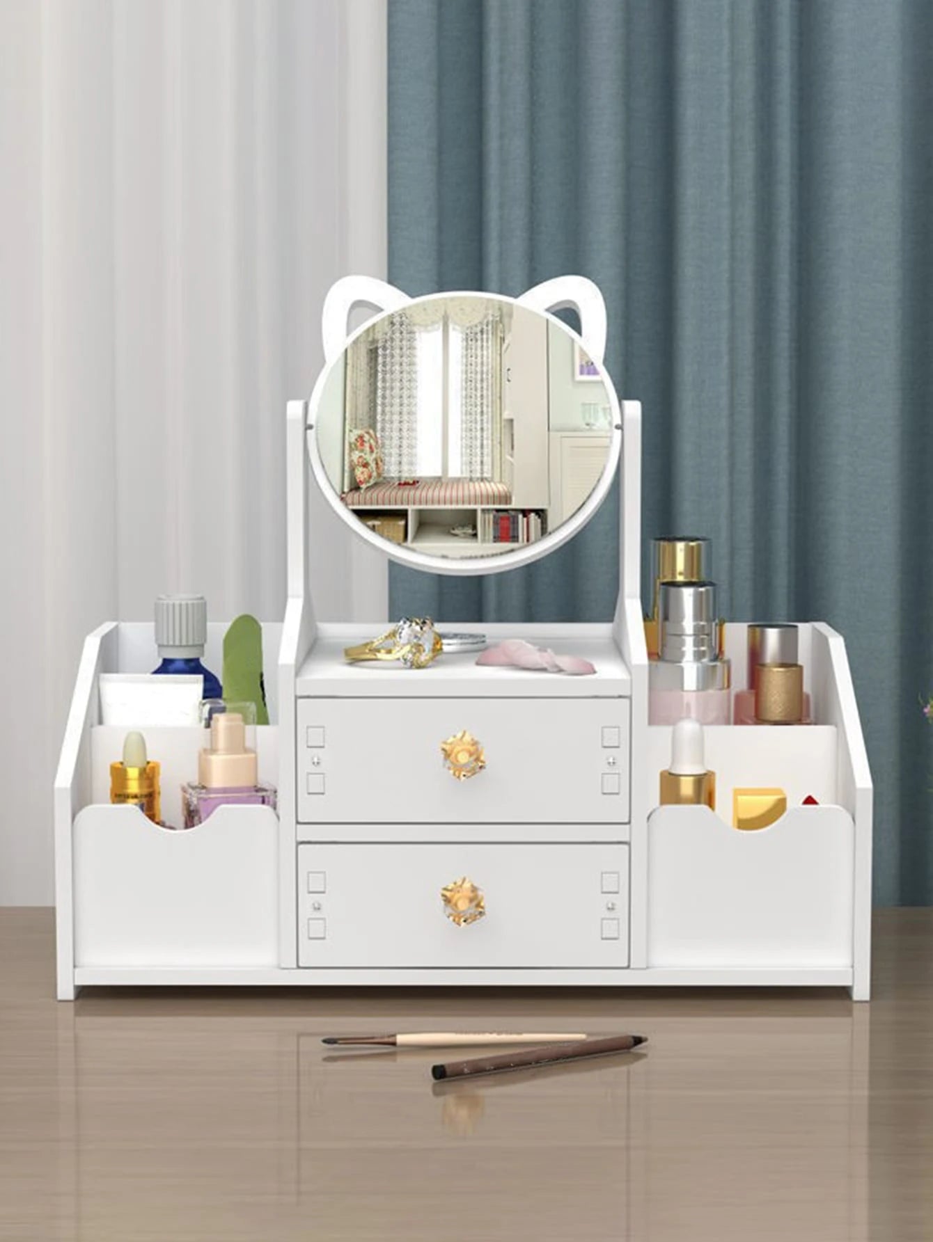 1pc High-End Luxurious White Wooden Makeup Organizer With Large Capacity, Multiple Functions, Drawers, Dustproof Cover, And Mirror