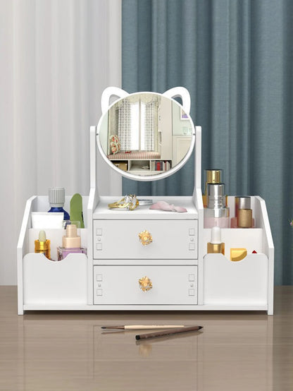 1pc High-End Luxurious White Wooden Makeup Organizer With Large Capacity, Multiple Functions, Drawers, Dustproof Cover, And Mirror