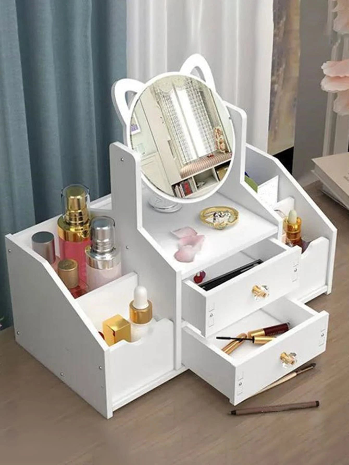 1pc High-End Luxurious White Wooden Makeup Organizer With Large Capacity, Multiple Functions, Drawers, Dustproof Cover, And Mirror