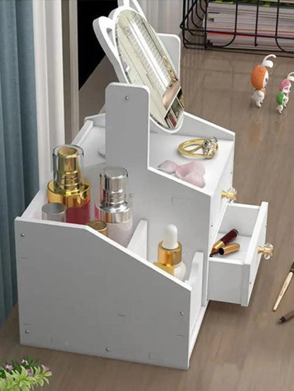 1pc High-End Luxurious White Wooden Makeup Organizer With Large Capacity, Multiple Functions, Drawers, Dustproof Cover, And Mirror