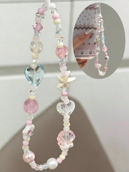 1pc Ins Style Heart & Starfish Phone Charm, Handmade Beaded Accessory, Phone Pendant, Phone Lanyard, Camera Anti-Lost Chain, Travel Phone Strap, Bag Charm, Keychain, Compatible With Apple Pro, Holiday