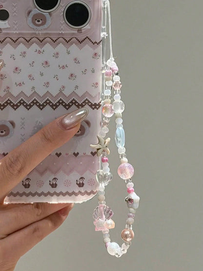 1pc Ins Style Heart & Starfish Phone Charm, Handmade Beaded Accessory, Phone Pendant, Phone Lanyard, Camera Anti-Lost Chain, Travel Phone Strap, Bag Charm, Keychain, Compatible With Apple Pro, Holiday