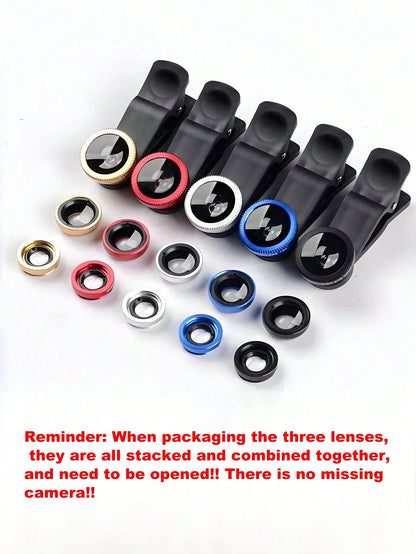 1PC Interesting Mobile Phone Fisheye Lens Three-In-One Mobile Phone Lens Magnifying Glass Fisheye Wide-Angle Macro Selfie Portable Lens Photography It Is Very Suitable For Macro And Wide-Angle Shooti