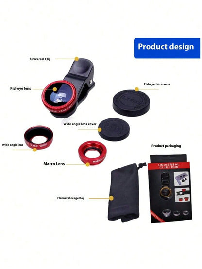 1PC Interesting Mobile Phone Fisheye Lens Three-In-One Mobile Phone Lens Magnifying Glass Fisheye Wide-Angle Macro Selfie Portable Lens Photography It Is Very Suitable For Macro And Wide-Angle Shooti