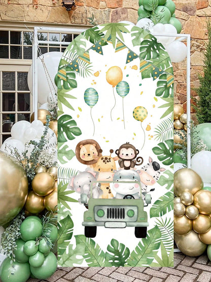 1pc Jungle Animal Arch Backdrop, Polyester Backdrop (Excluding Stand), Arch Backdrop Cover, Can Be Paired With Balloons For Decoration, Jungle Theme Party Supplies, Baby Shower Decor, Gender Reveal Pa