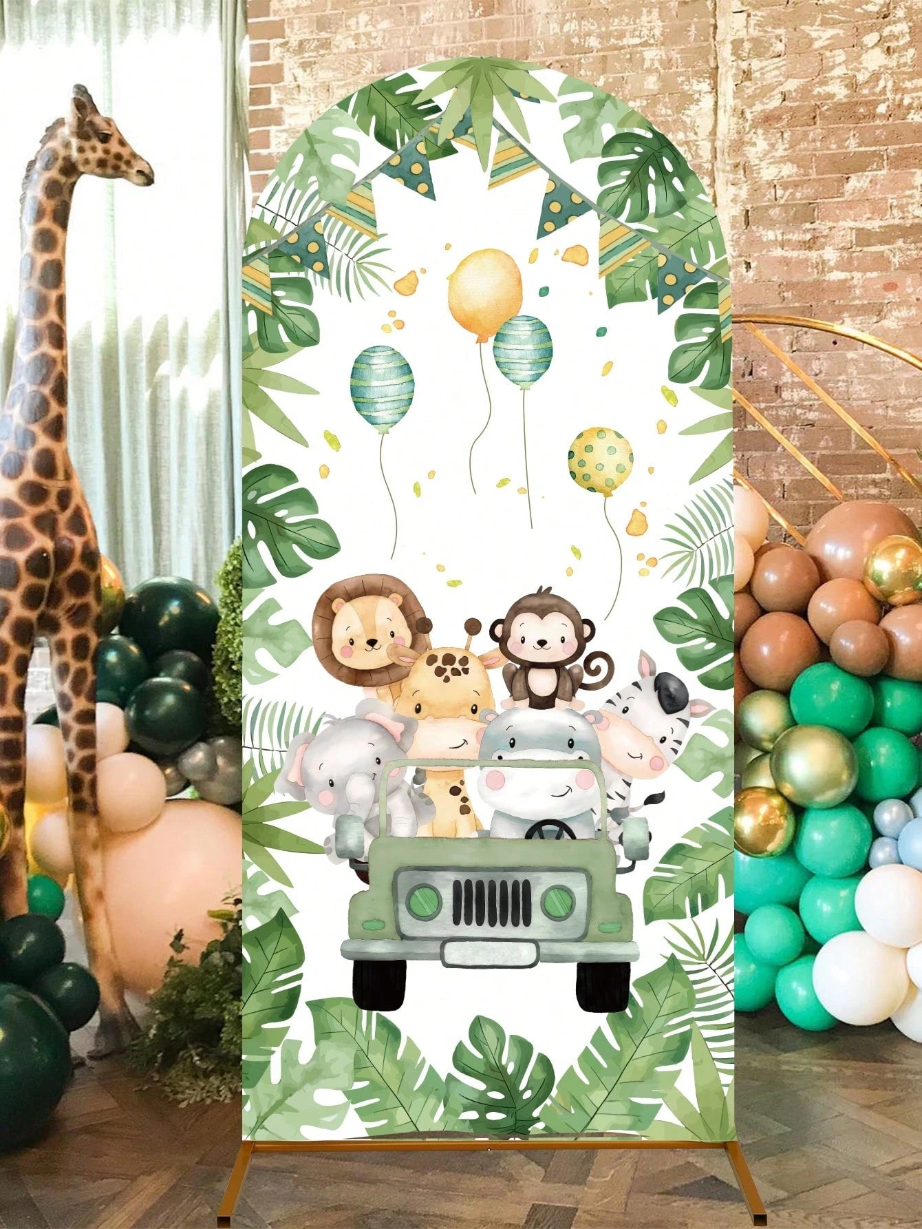 1pc Jungle Animal Arch Backdrop, Polyester Backdrop (Excluding Stand), Arch Backdrop Cover, Can Be Paired With Balloons For Decoration, Jungle Theme Party Supplies, Baby Shower Decor, Gender Reveal Pa