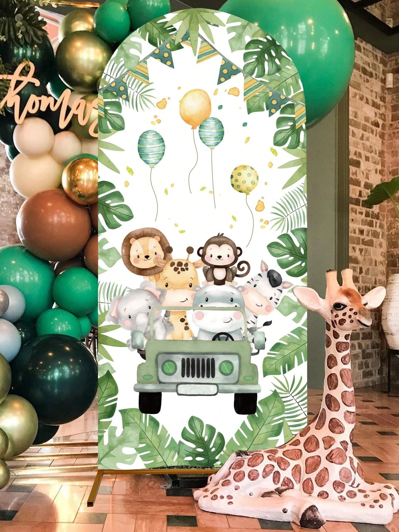 1pc Jungle Animal Arch Backdrop, Polyester Backdrop (Excluding Stand), Arch Backdrop Cover, Can Be Paired With Balloons For Decoration, Jungle Theme Party Supplies, Baby Shower Decor, Gender Reveal Pa