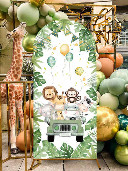 1pc Jungle Animal Arch Backdrop, Polyester Backdrop (Excluding Stand), Arch Backdrop Cover, Can Be Paired With Balloons For Decoration, Jungle Theme Party Supplies, Baby Shower Decor, Gender Reveal Pa