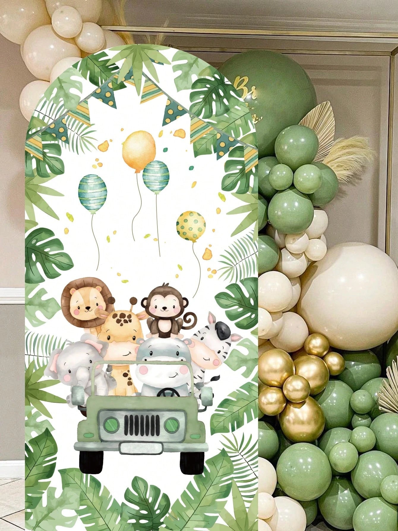 1pc Jungle Animal Arch Backdrop, Polyester Backdrop (Excluding Stand), Arch Backdrop Cover, Can Be Paired With Balloons For Decoration, Jungle Theme Party Supplies, Baby Shower Decor, Gender Reveal Pa